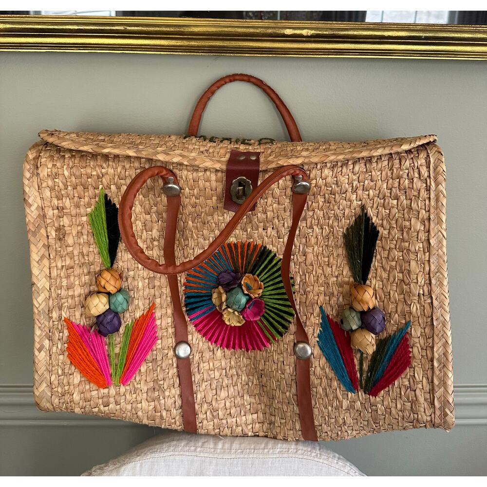 Vintage 60s Mexico Straw Woven Large Shopper Tote Beach Bag Purse 3D Flowers